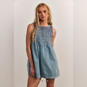 Free People Maisie smocked denim dress in indigo haze wash color